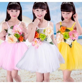 Light pink yellow flowers girls kids children kindergarten toddlers school play performance princess modern dance jazz dance dresses costumes outfits